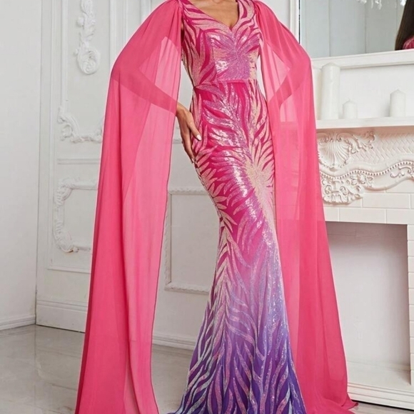 Multicolor Random Print, Cloak, Sequined, Mesh Mermaid Maxi gown - Picture 9 of 11